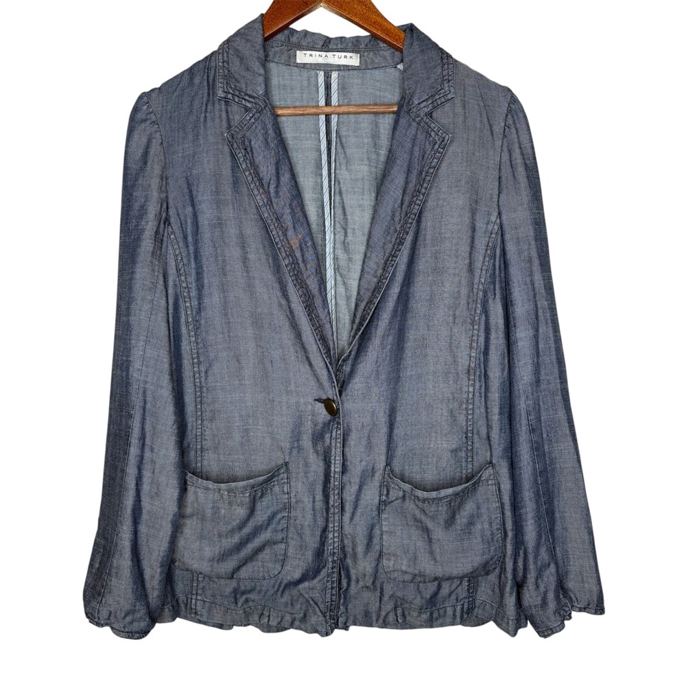 TRINA TURK Dark Wash Striped‎ Lining Long Sleeve Chambray Blazer Jacket Sz S